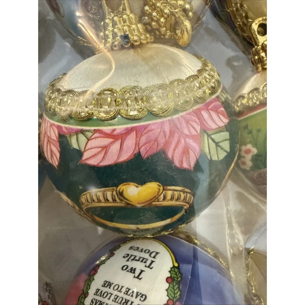 Twelve (12) Vintage Gold Satin Wrapped 12 Days Of Christmas Ornaments New In Box